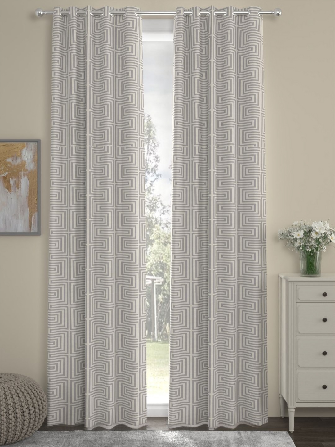 

Myntra Elegant Homes Grey & White Set of 2 Geometric Long Door Curtain