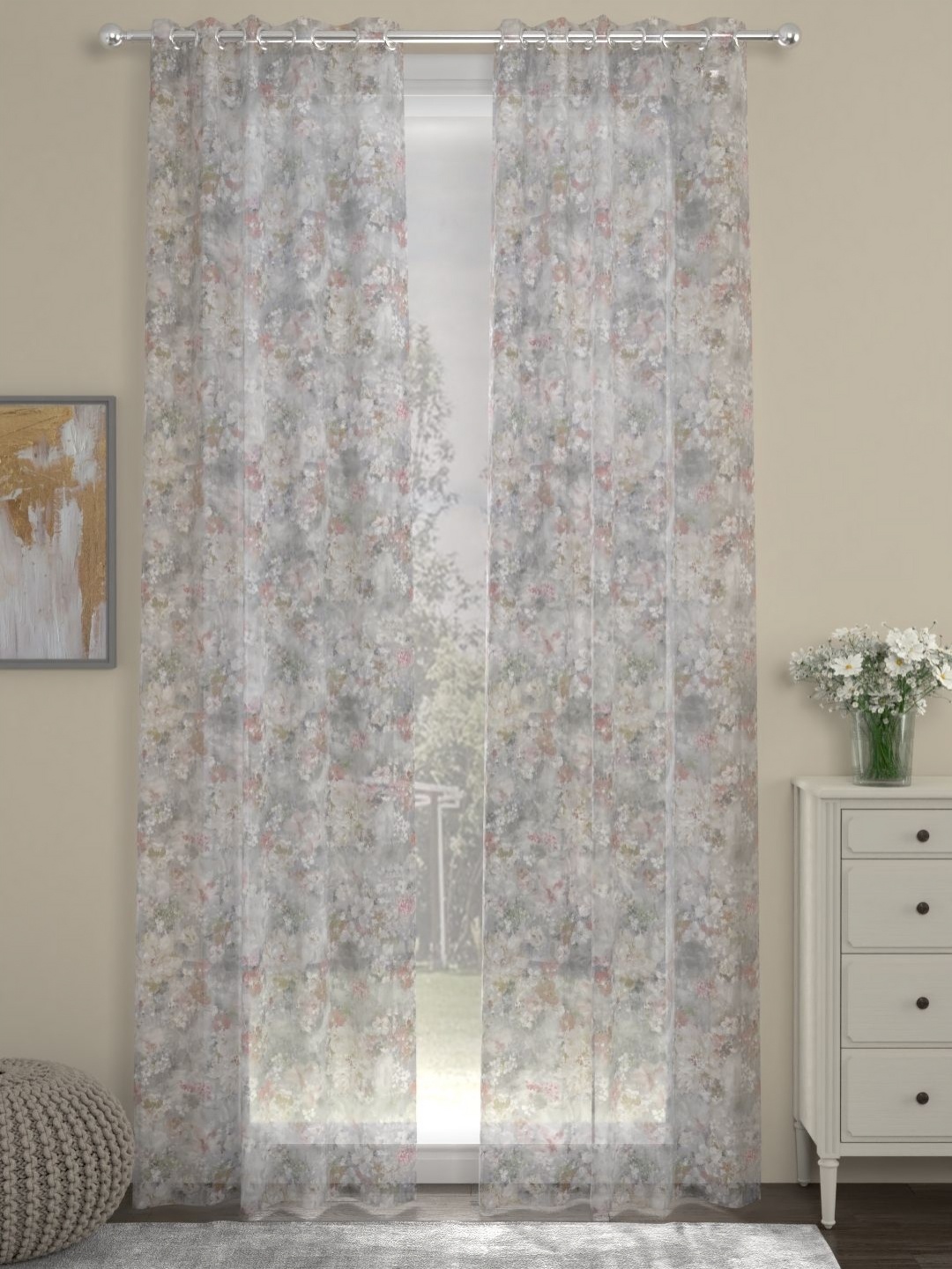 

Myntra Elegant Homes Grey & White Set of 2 Floral Sheer Door Curtain