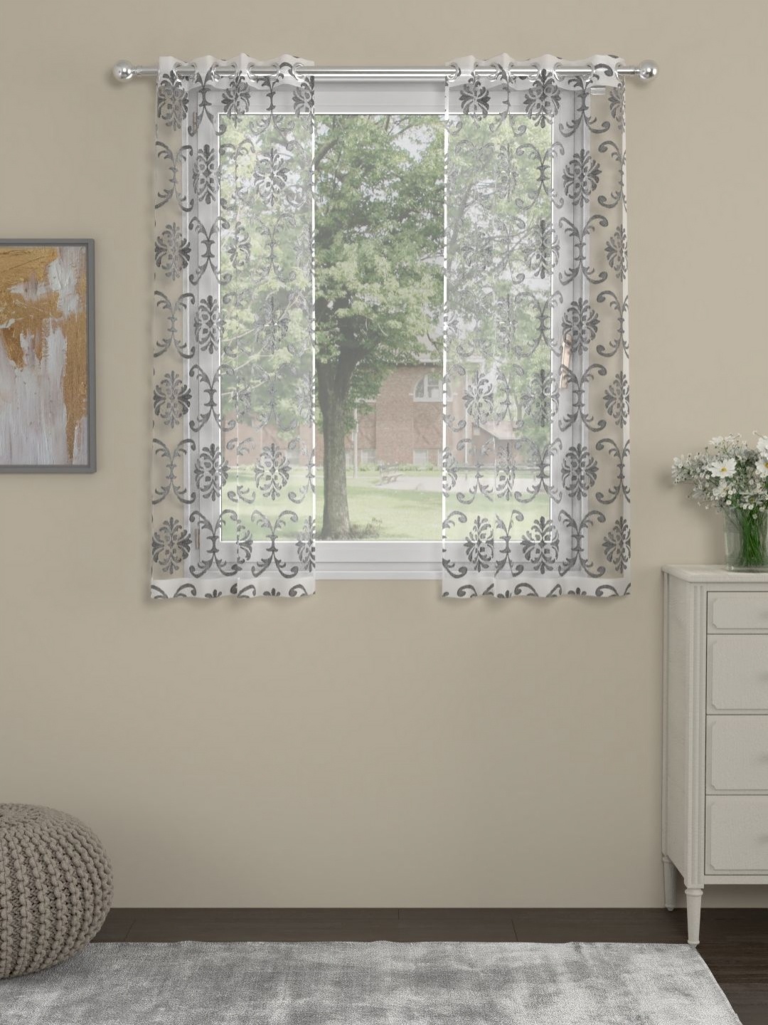 

Myntra Elegant Homes Silver-Toned & White Set of 2 Embroidered Sheer Window
