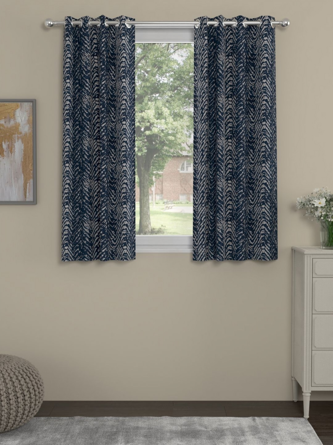 

Myntra Elegant Homes Navy Blue & Off White Set of 2 Window Curtain