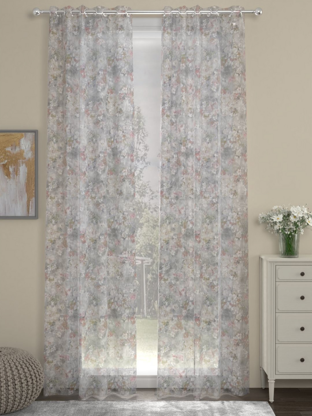 

Myntra Elegant Homes Grey & Pink Set of 2 Floral Sheer Long Door Curtain