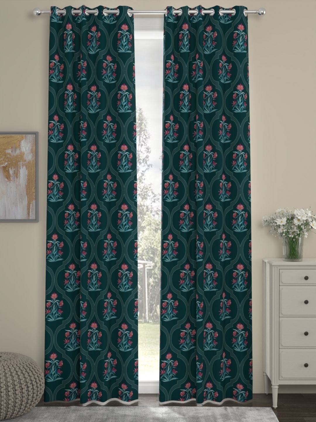 

Myntra Elegant Homes Green & Red Set of 2 Floral Door Curtain