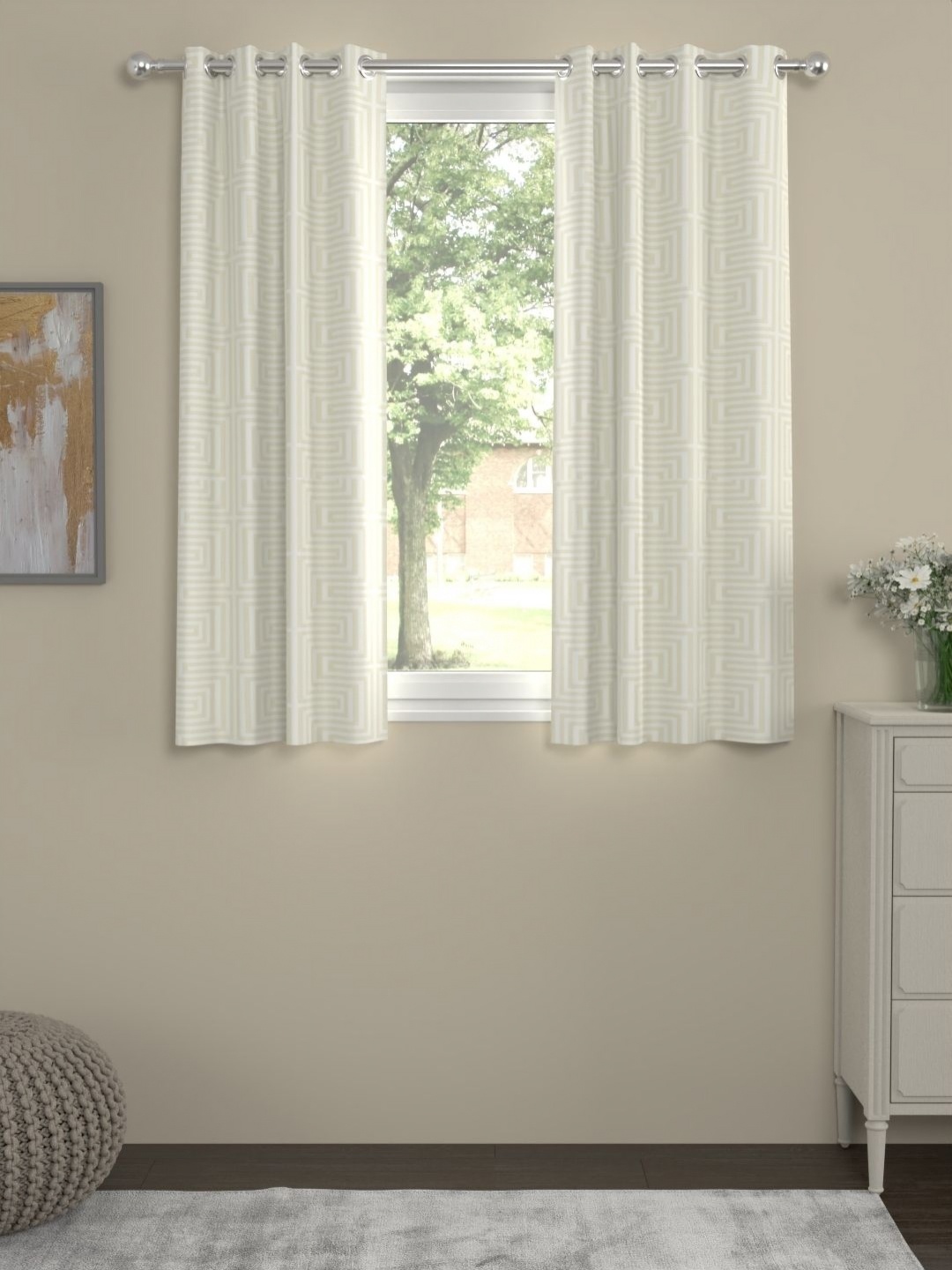 

Myntra Elegant Homes Off White & Beige Set of 2 Geometric Window Curtain