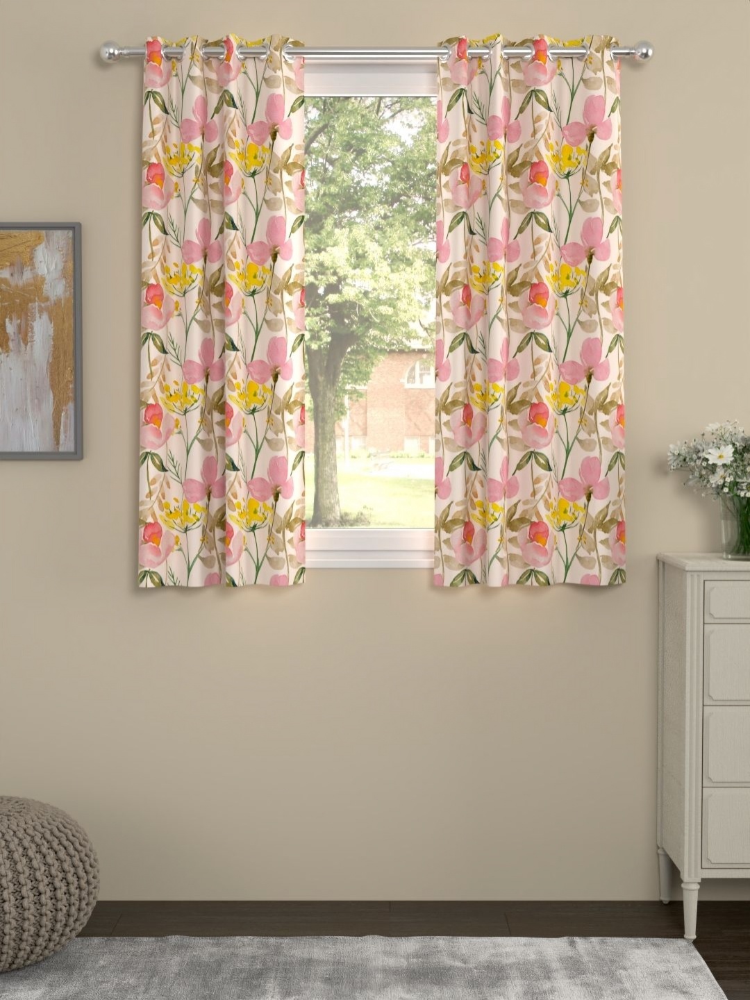 

Myntra Elegant Homes Pink & Yellow Set of 2 Floral Window Curtain