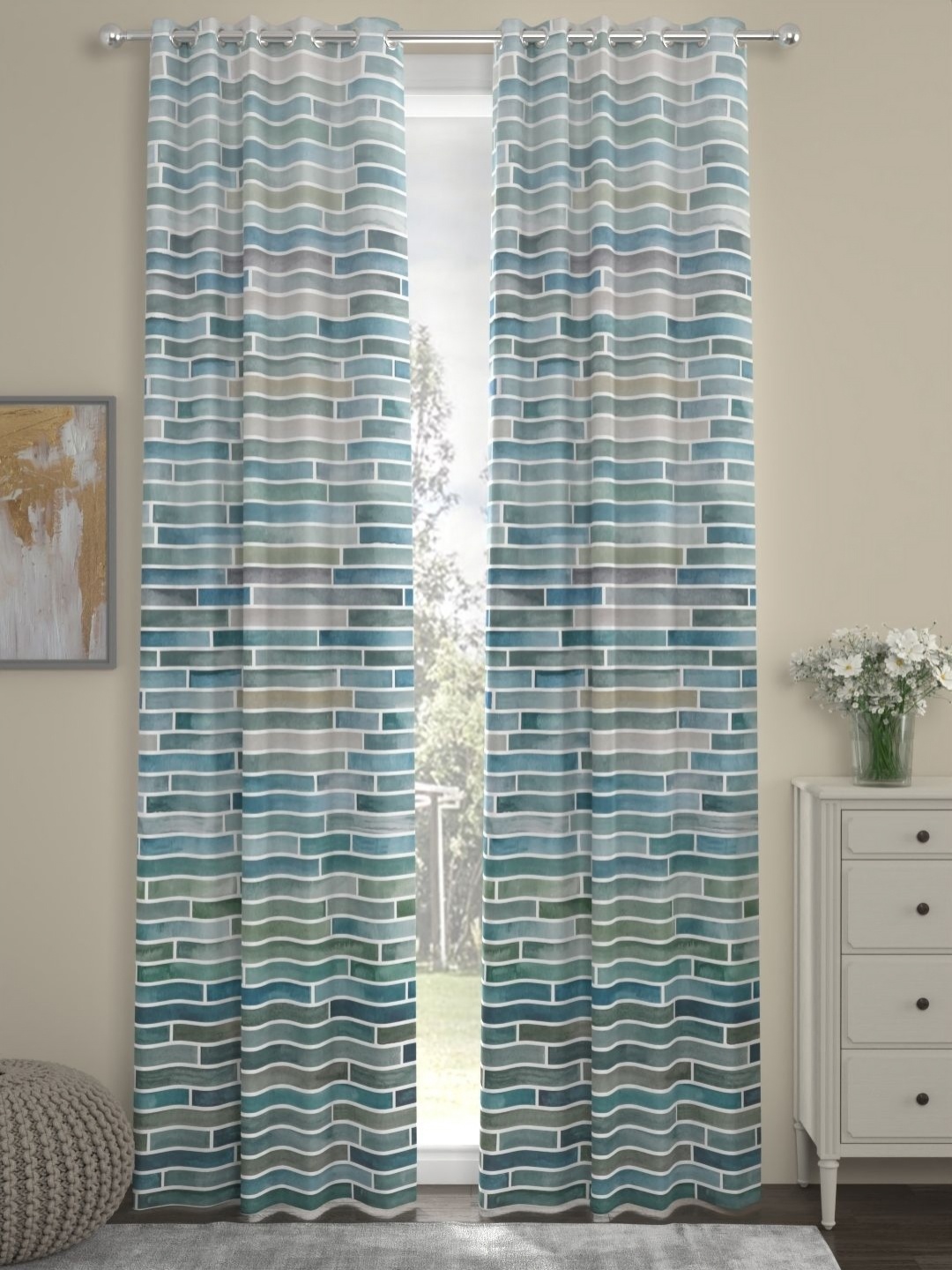 

Myntra Elegant Homes Teal & Green Set of 2 Geometric Long Door Curtain