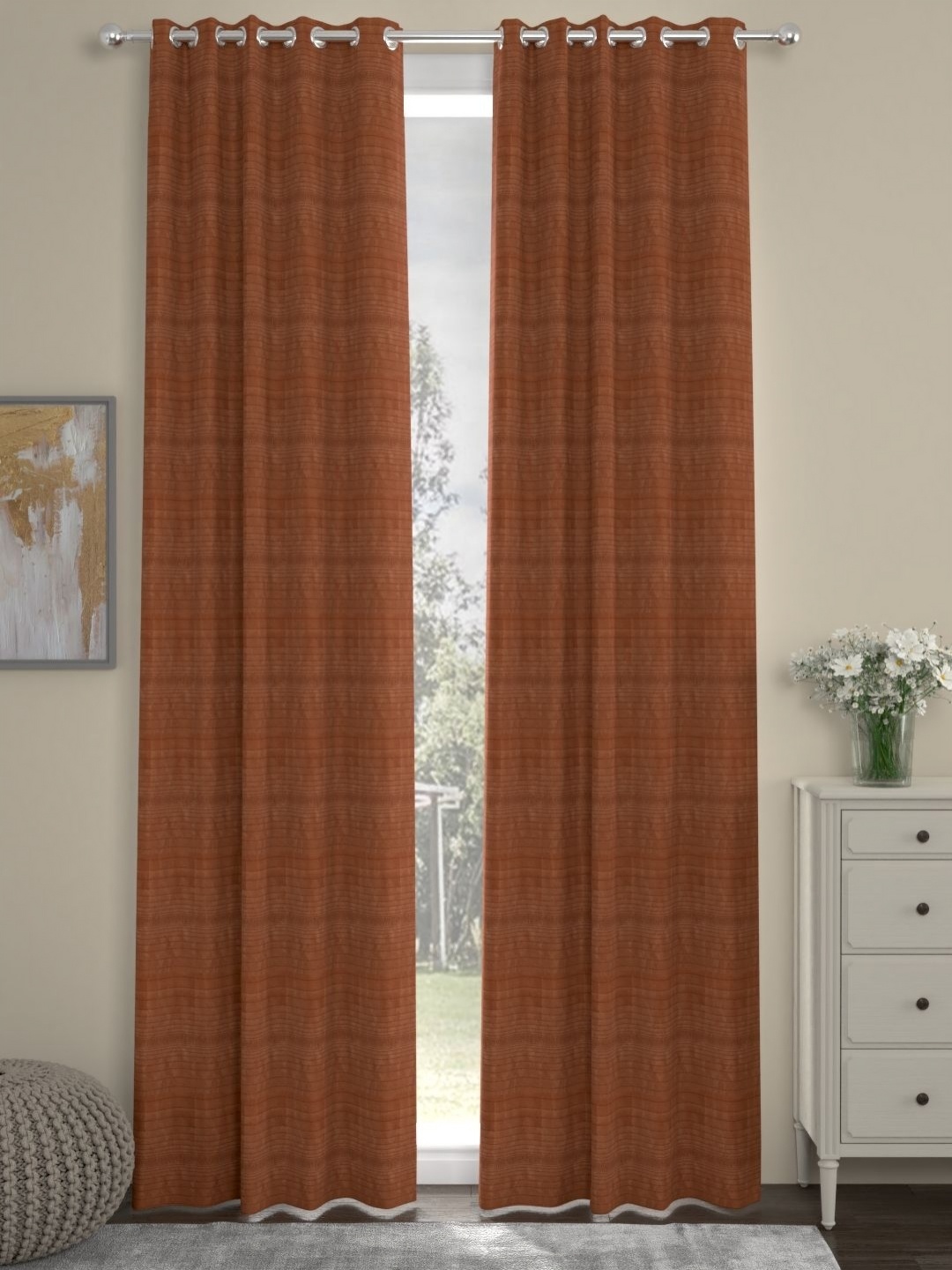

Myntra Elegant Homes Rust Set of 2 Striped Door Curtain
