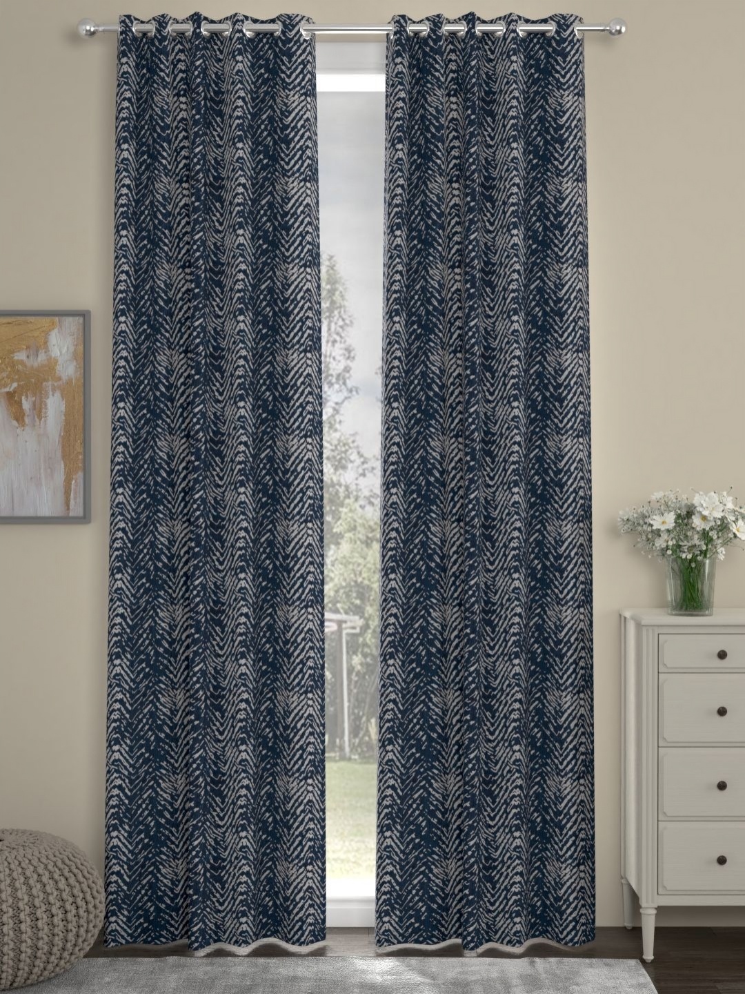 

Myntra Elegant Homes Navy Blue & Grey Set of 2 Geometric Long Door Curtain