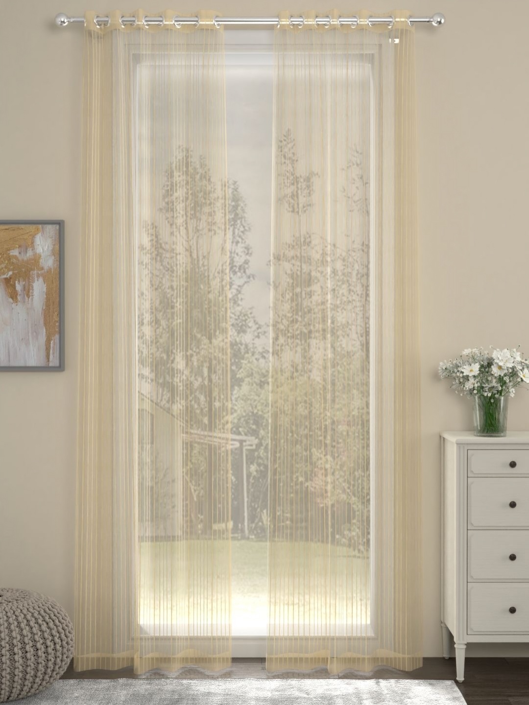 Myntra Elegant Homes Gold-Toned Set of 2 Striped Sheer Door Curtain
