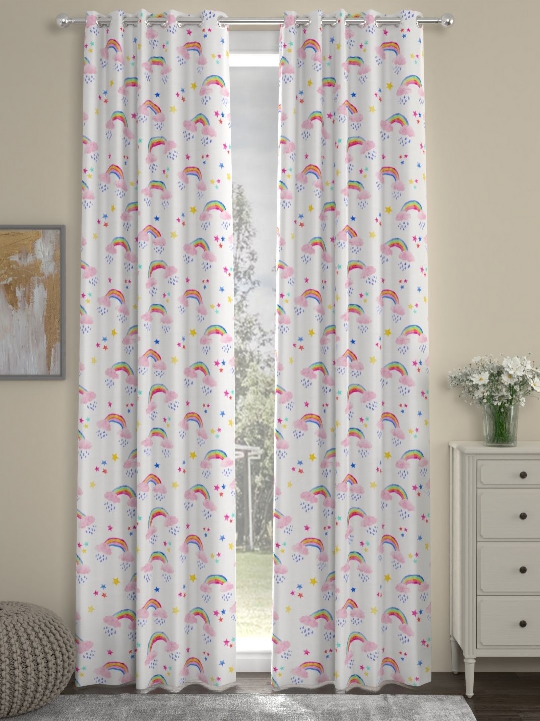 

Myntra Elegant Homes White & Pink Set of 2 Geometric Door Curtain