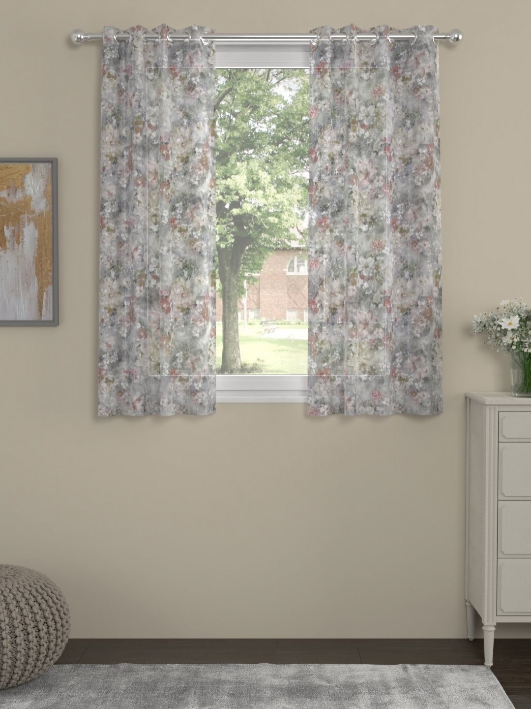 

Myntra Elegant Homes White & Grey Set of 2 Floral Sheer Window Curtain