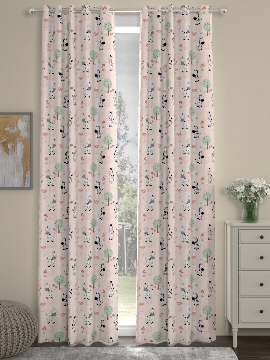 

Myntra Elegant Homes Pink & White Set of 2 Quirky Long Door Curtain