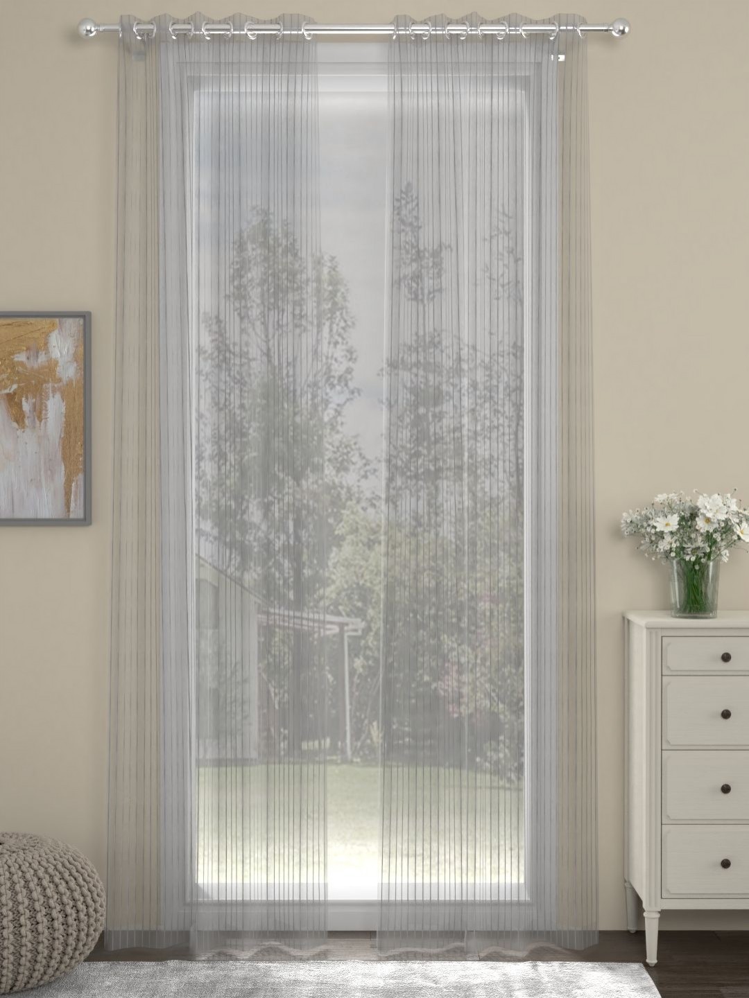 

Myntra Elegant Homes Grey & Transparent Set of 2 Striped Sheer Long Door Curtain