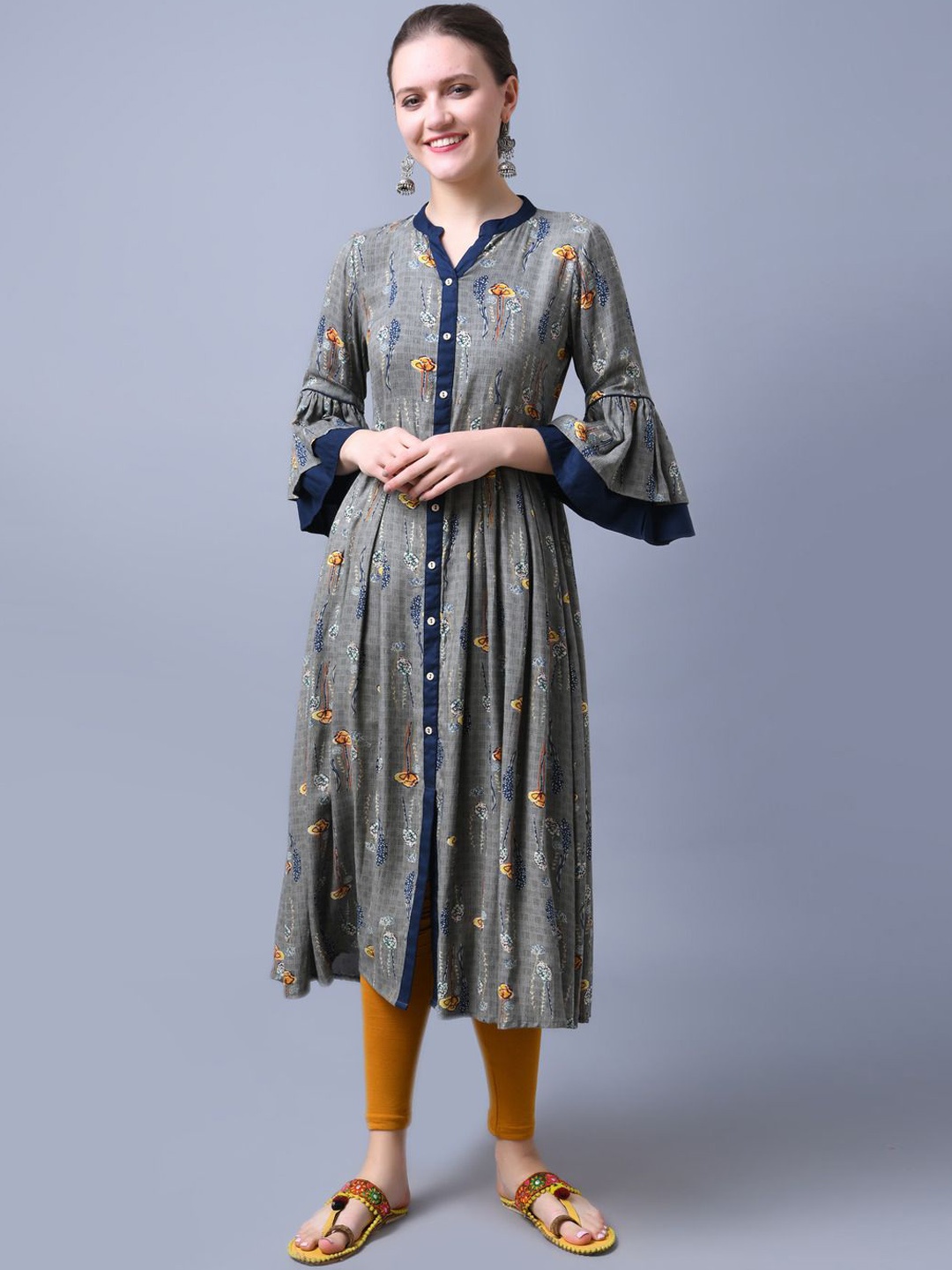 

Anouk Women Geometric Striped Flared Sleeves Thread Work Liva Anarkali Kurta, Grey