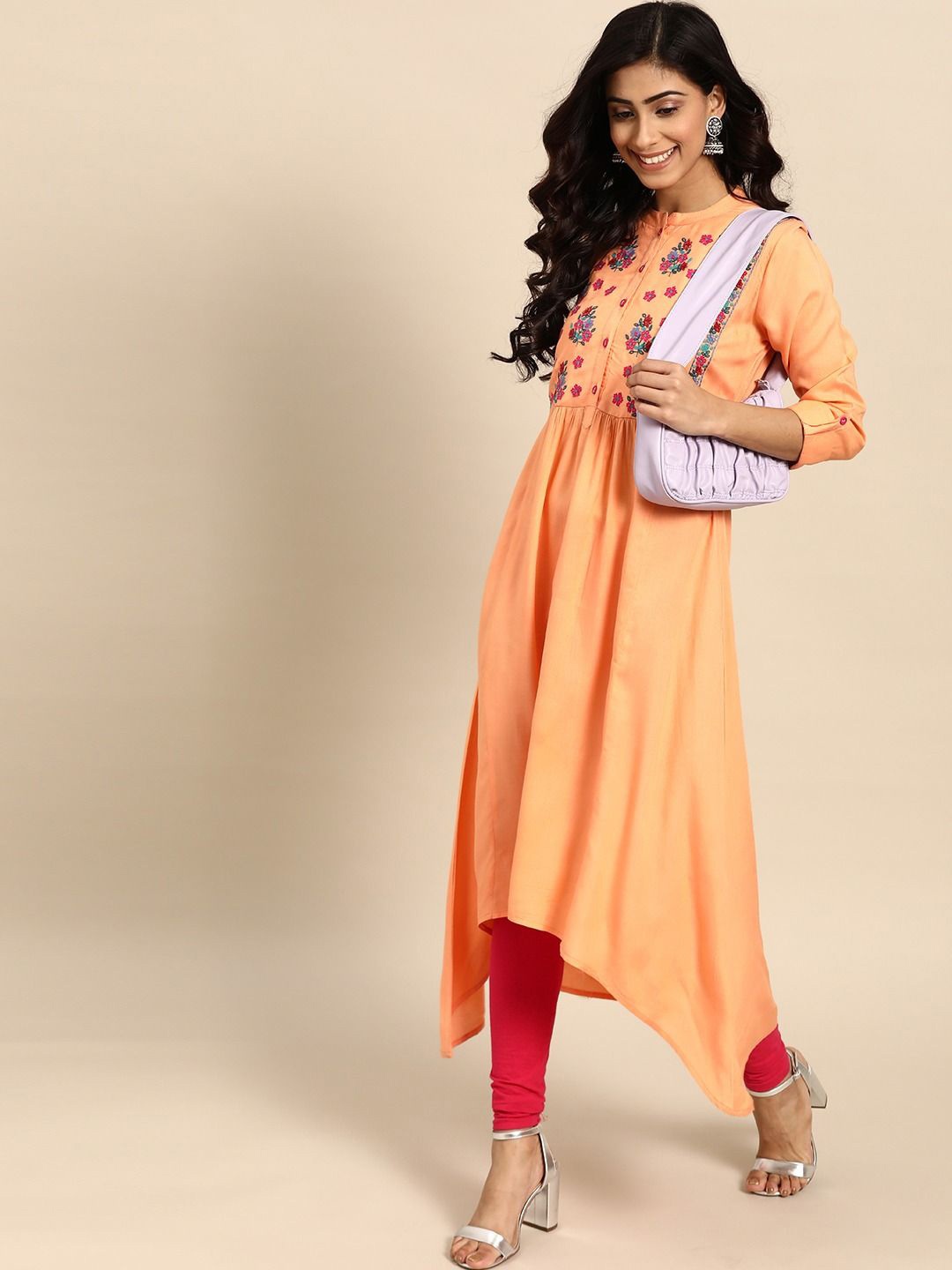 

Anouk Women Yoke Design Flared Sleeves Thread Work Kurta, Peach