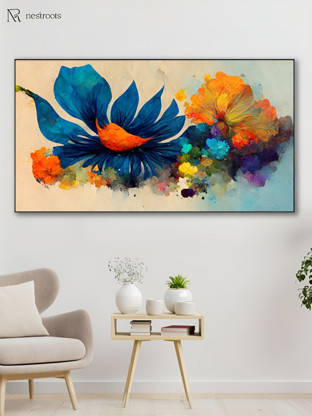 

nestroots Blue & Orange 1 Piece Canvas Floral and Botanical Wall Paintings