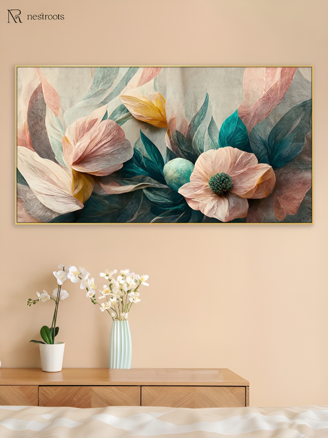 

nestroots Pink & Sea Green 1 Piece Canvas Floral and Botanical Wall Paintings