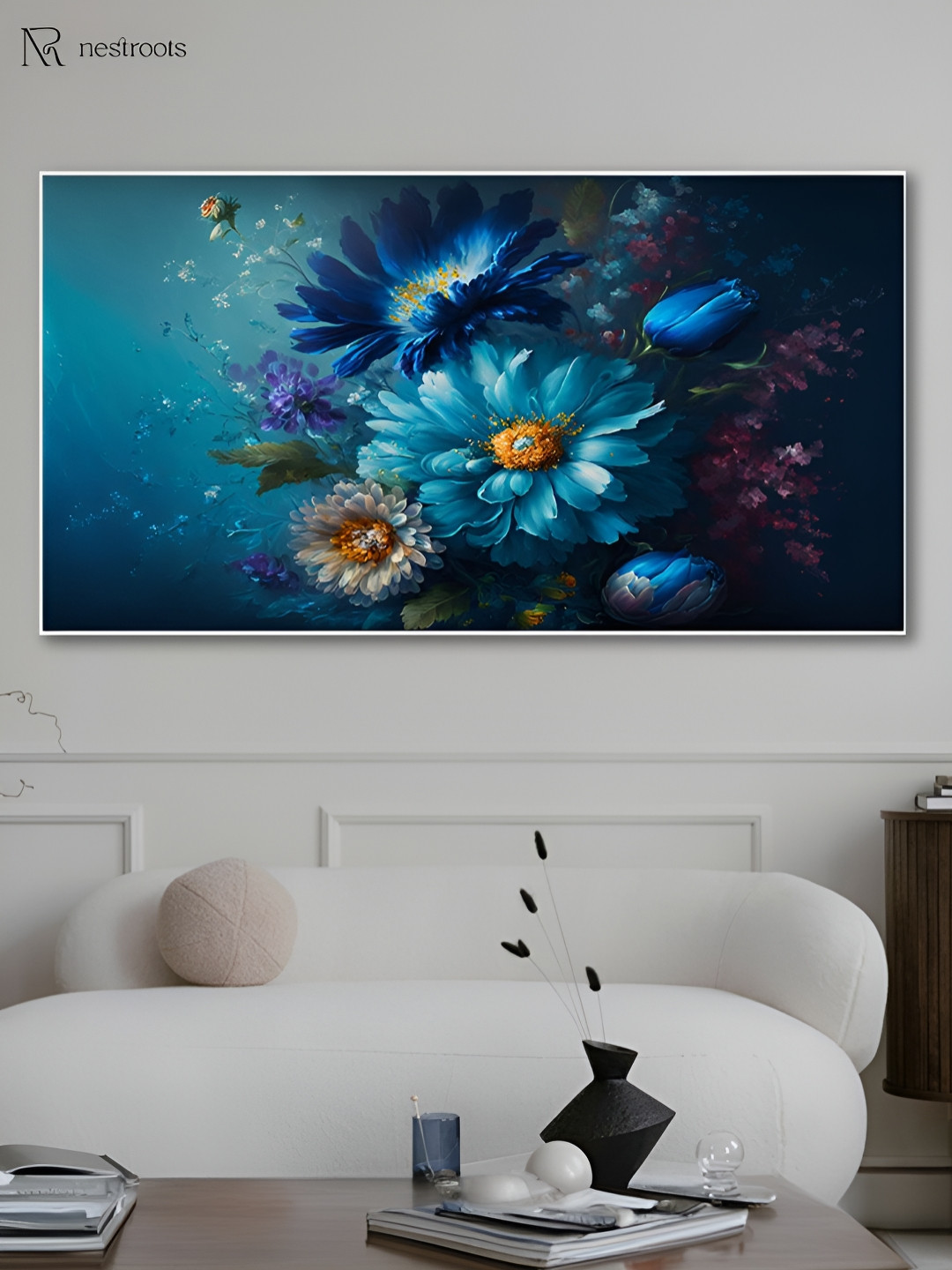 

nestroots Blue & Black Captivating Flowers on Dark Canvas Paintings Wall Art