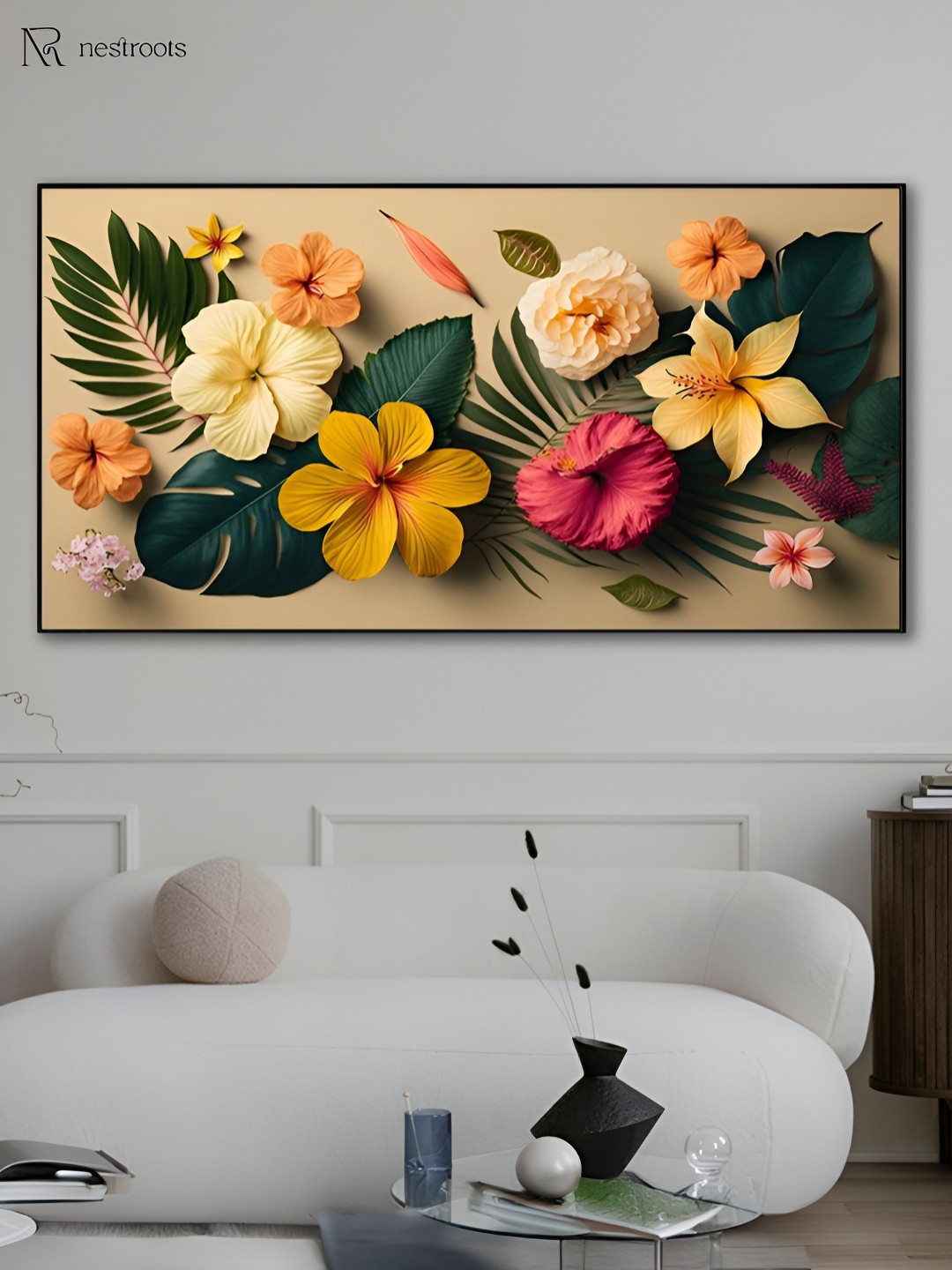 

nestroots Beige & Green Tranquil Tropical Flowers Canvas Paintings Wall Art