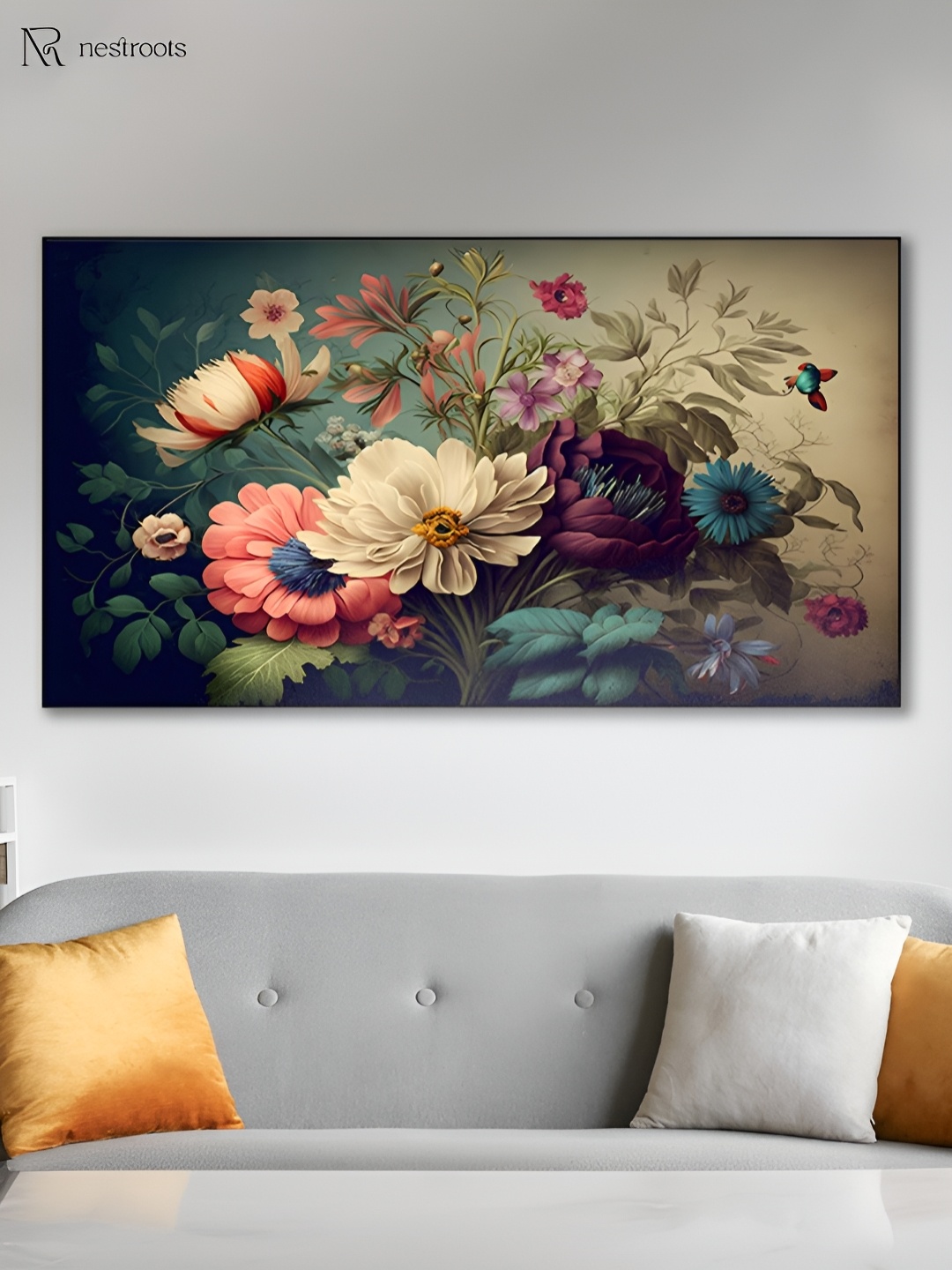 

nestroots Beige & Blue 1 Piece Canvas Floral and Botanical Wall Paintings