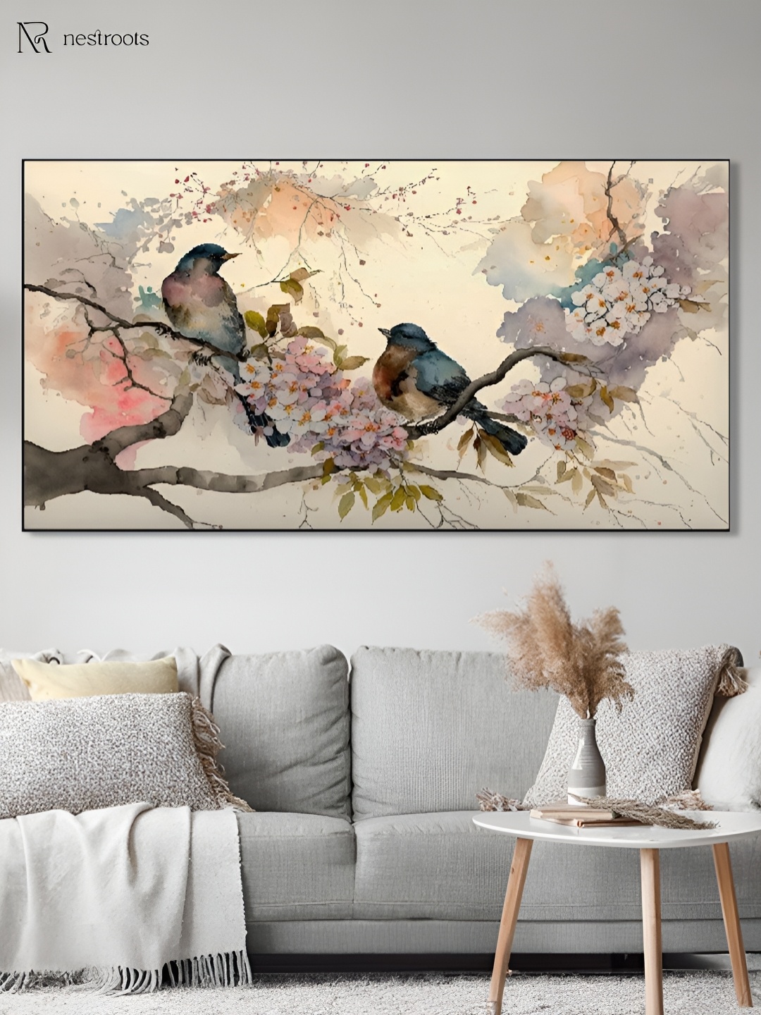 

nestroots Off White & Blue 1 Piece Canvas Birds and Animals Wall Paintings