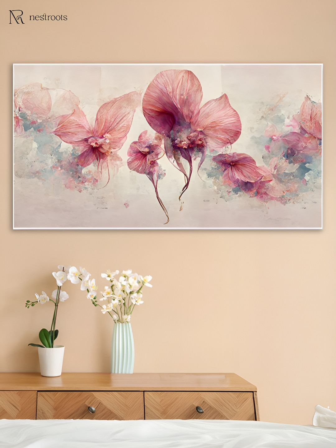 

nestroots Off White & Pink 1 Piece Canvas Floral and Botanical Wall Paintings