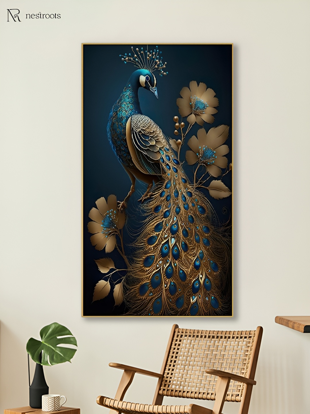 

nestroots Blue & Gold-Toned 1 Piece Canvas Birds and Animals Wall Paintings