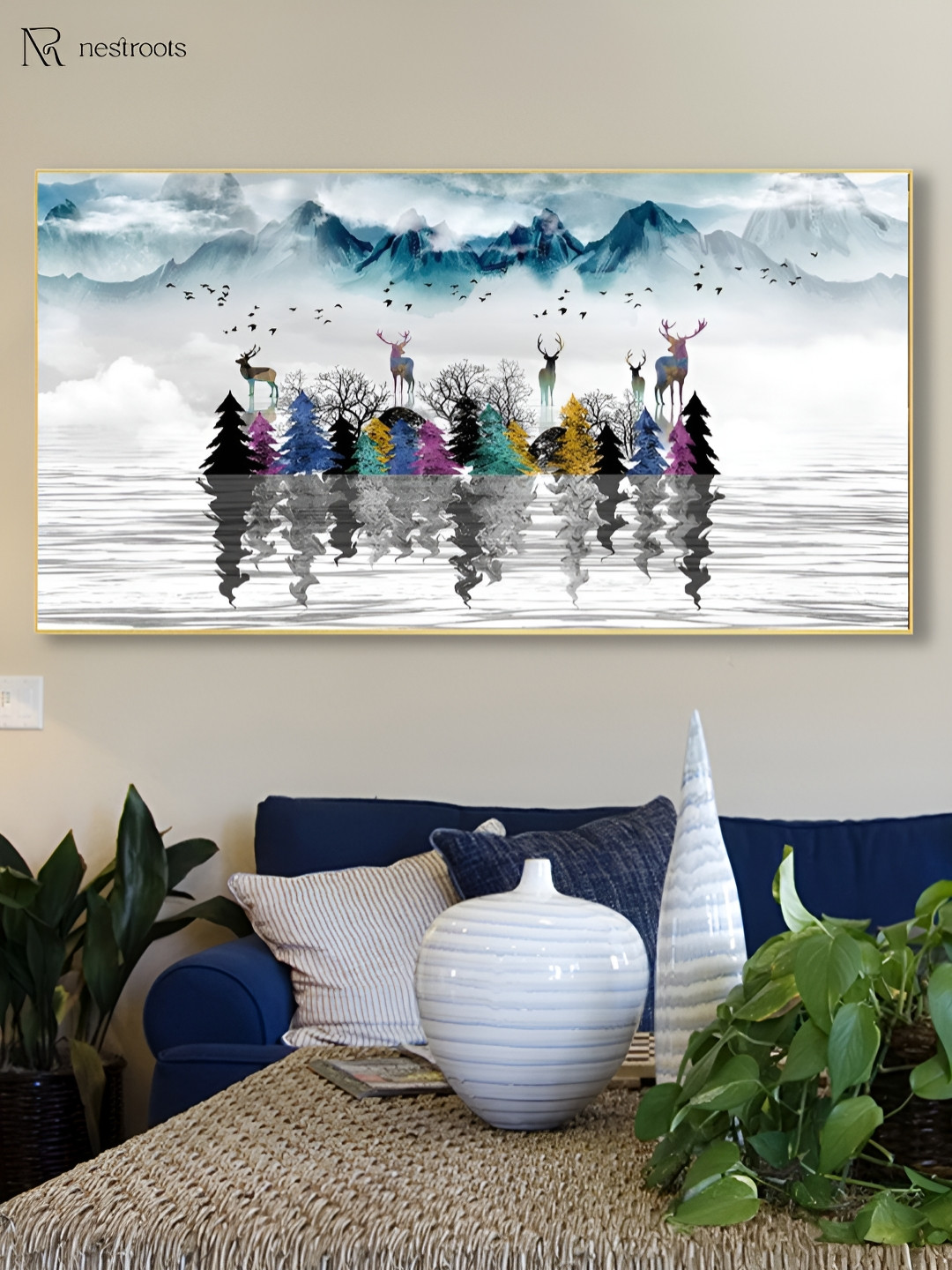 

nestroots White & Blue 1 Piece Canvas Birds and Animals Wall Paintings