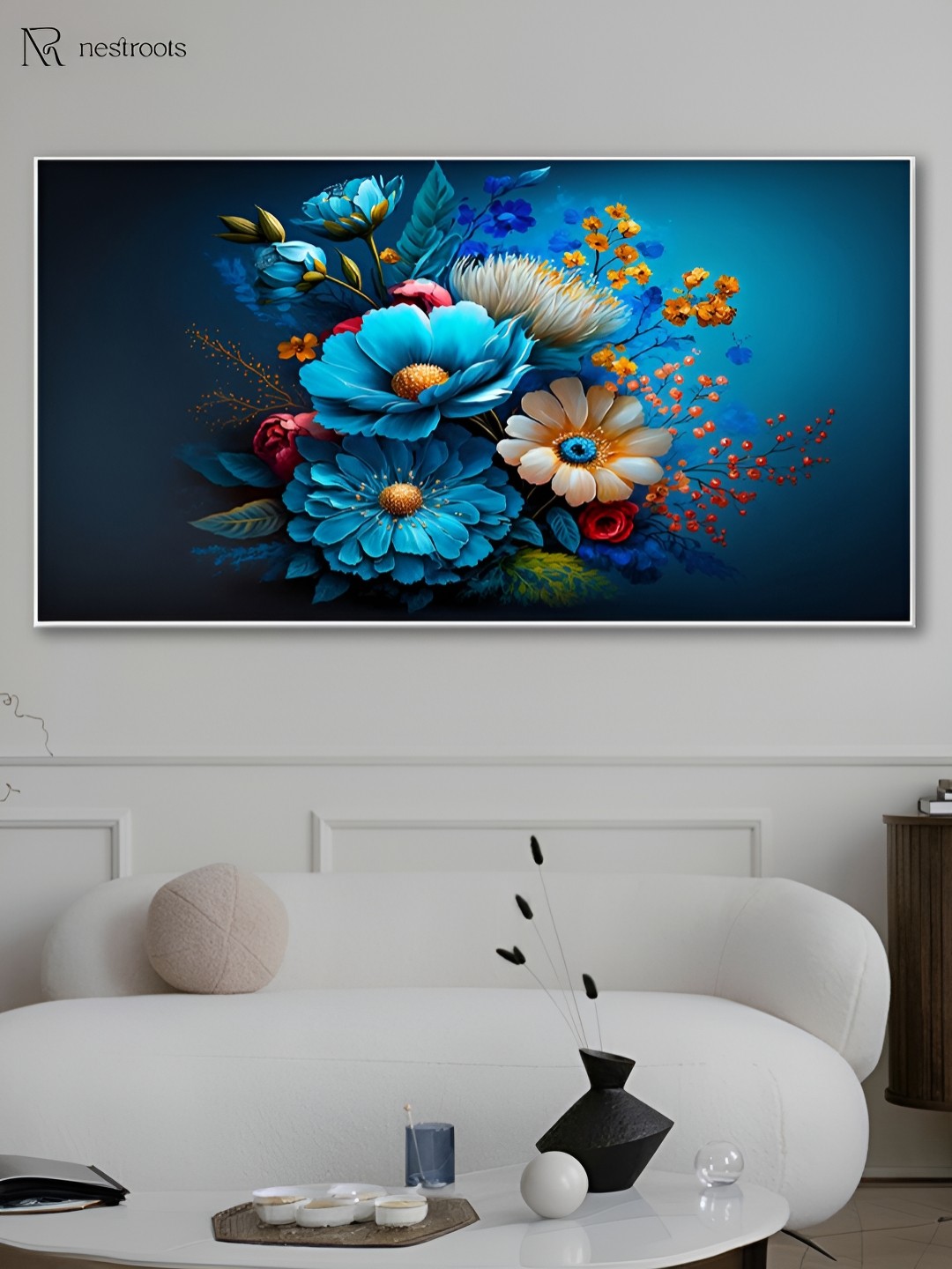 

nestroots Blue & White Canvas Floral and Botanical Painting Wall Art