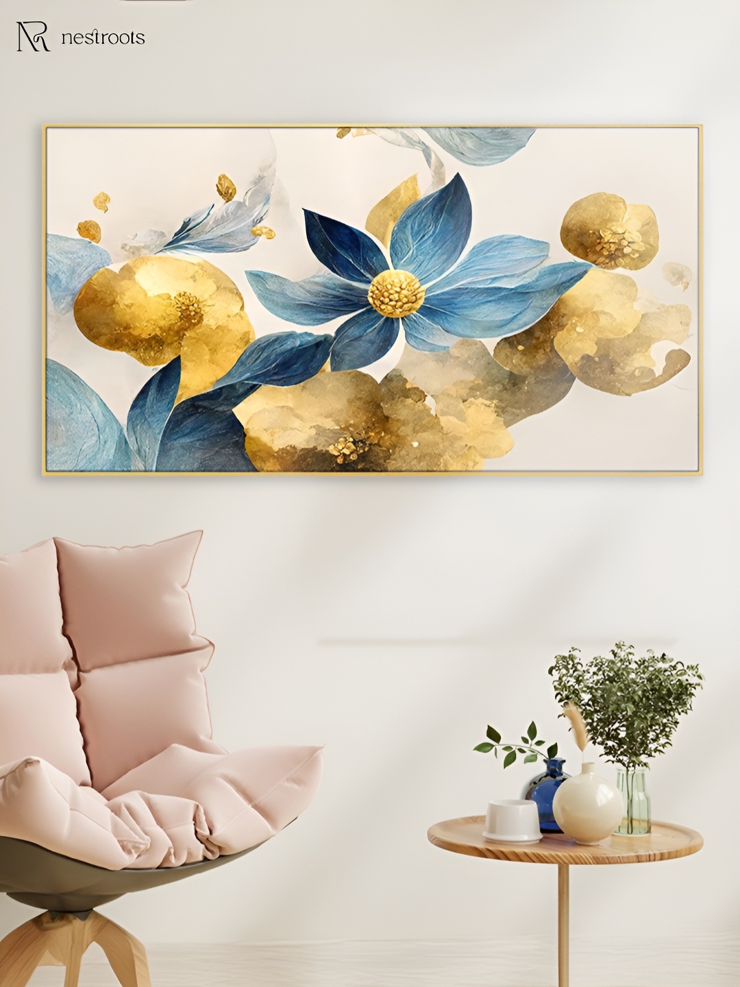 

nestroots Beige & Blue 1 Piece Canvas Floral and Botanical Wall Paintings