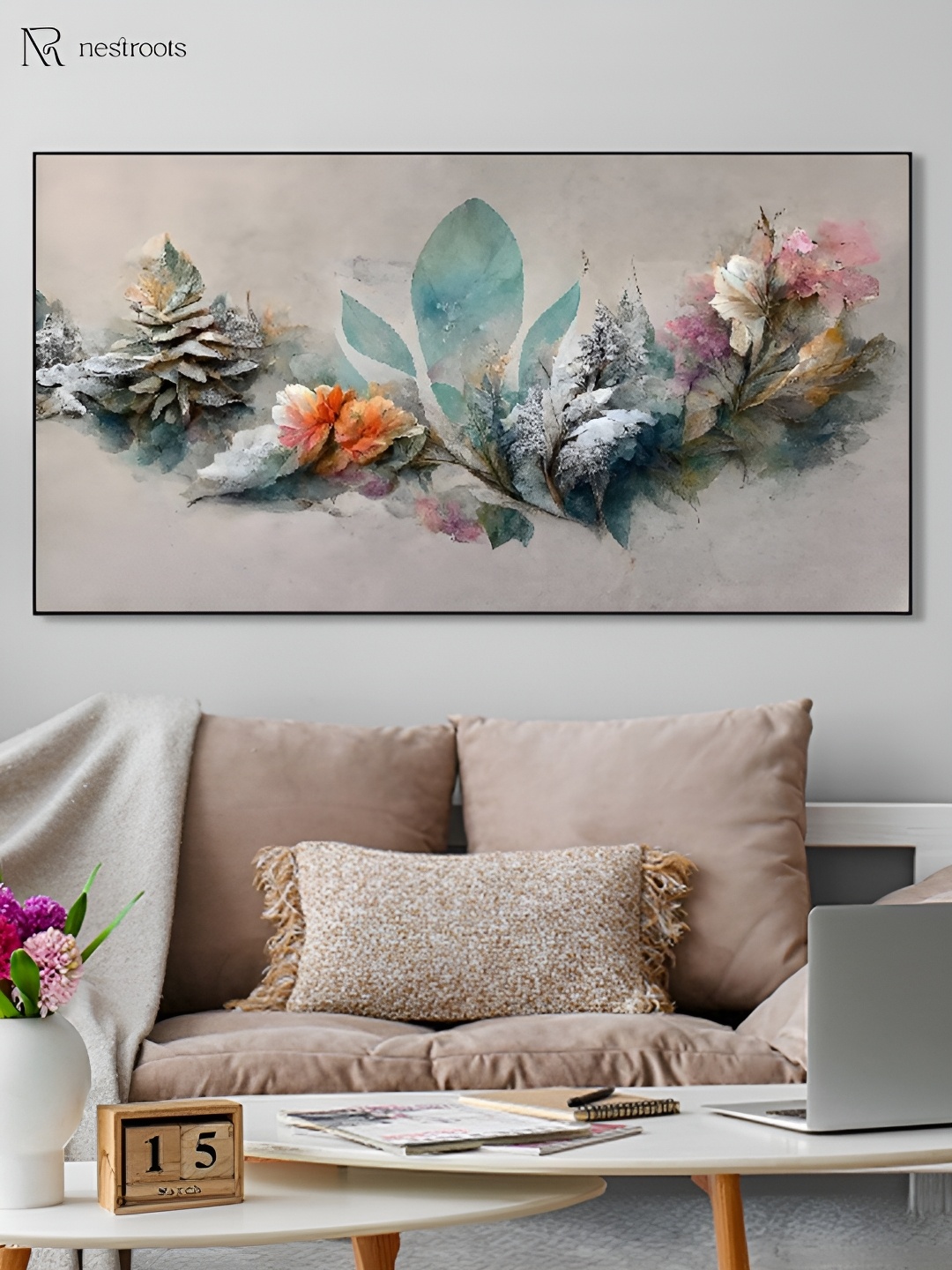 

nestroots Beige & Blue 1 Piece Canvas Floral and Botanical Wall Paintings