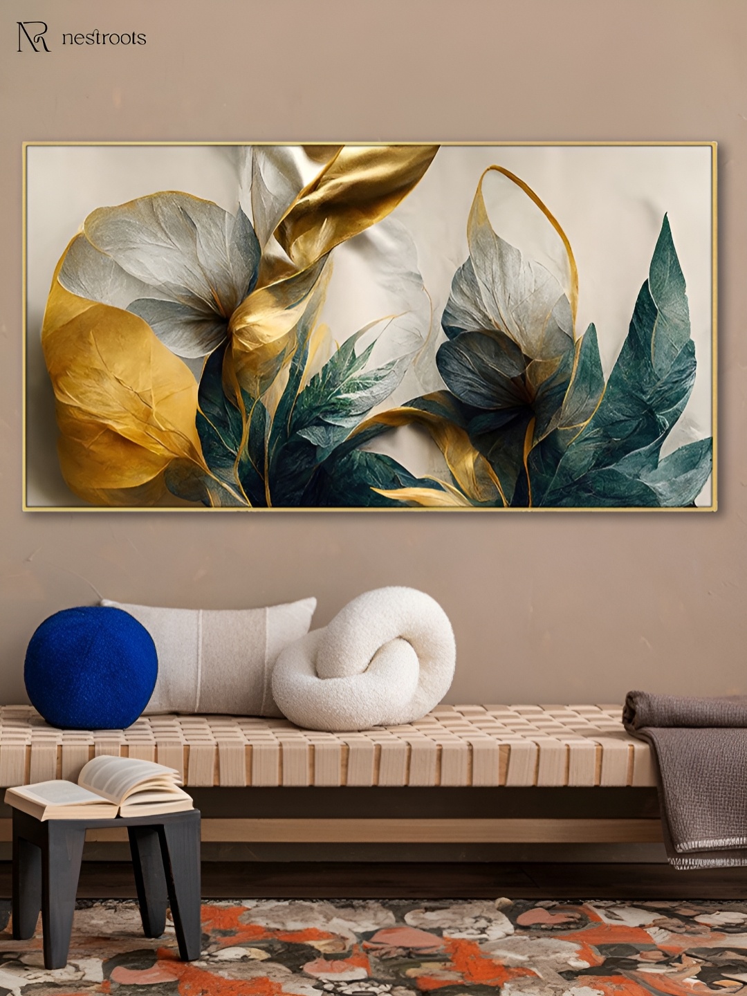

nestroots Teal & Gold-Toned 1 Piece Canvas Floral and Botanical Wall Paintings