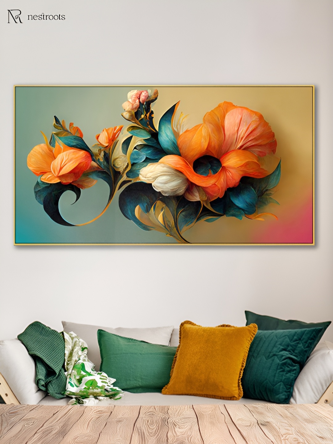 

nestroots Orange & Blue 1 Piece Canvas Floral and Botanical Wall Paintings