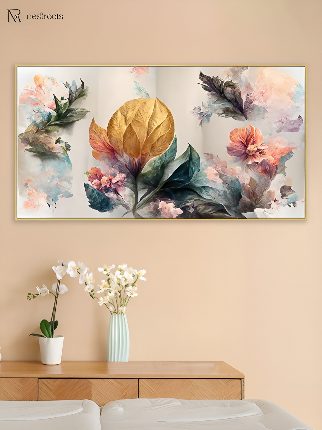 

nestroots Off White & Gold-Toned 1 Piece Canvas Floral and Botanical Wall Paintings