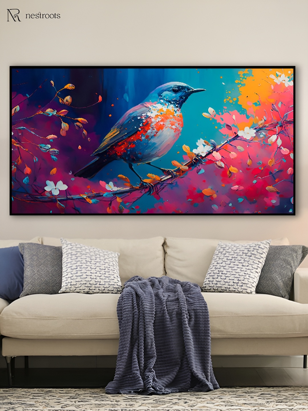 

nestroots Blue & Pink 1 Piece Canvas Birds and Animals Wall Paintings