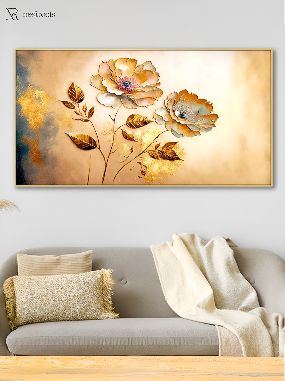 

nestroots Beige & Gold-Toned 1 Piece Canvas Floral and Botanical Wall Paintings