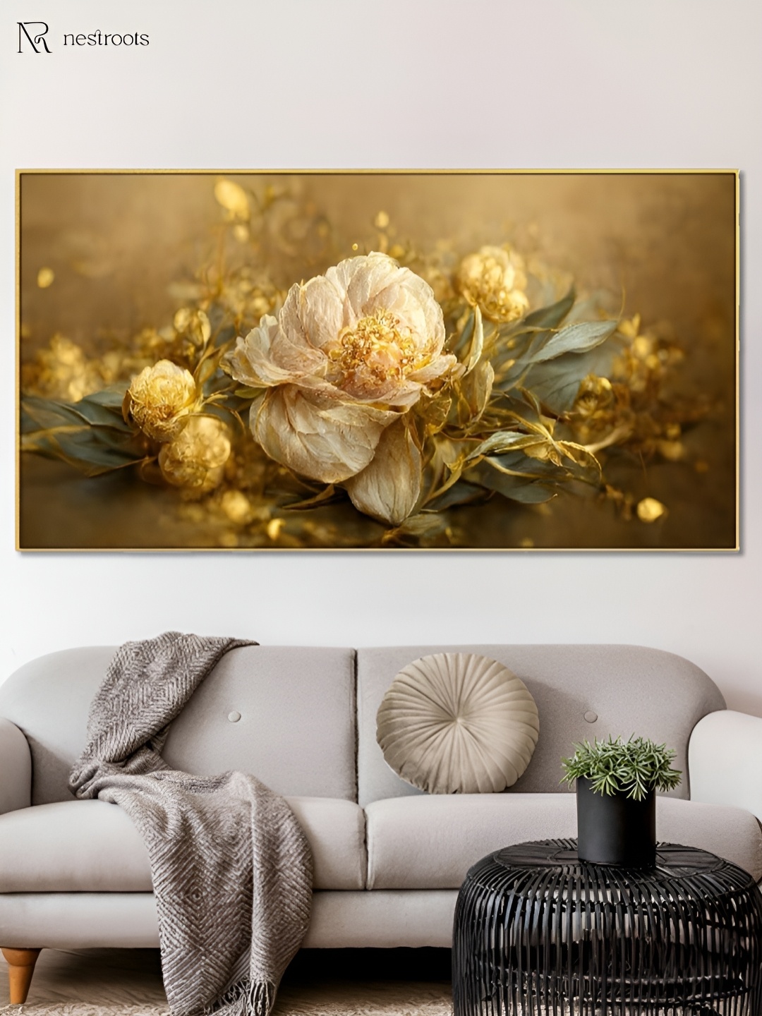

nestroots Gold-Toned & Beige 1 Piece Canvas Floral and Botanical Wall Paintings