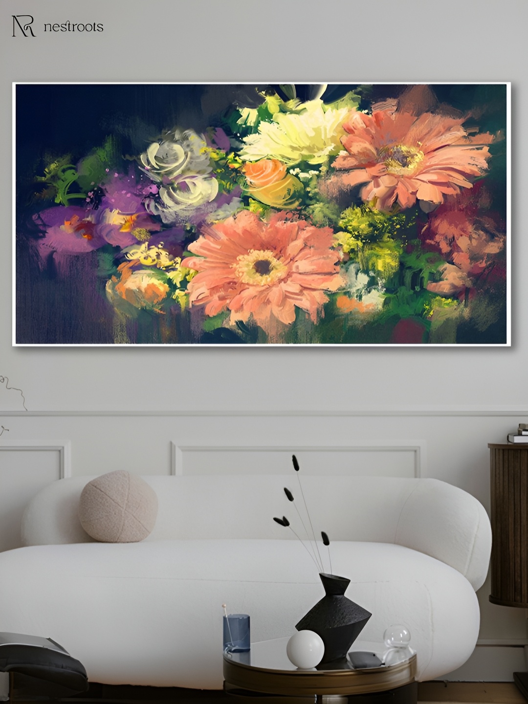 

nestroots Navy Blue & Peach Flowers Against Dark Background Canvas Paintings Wall Art