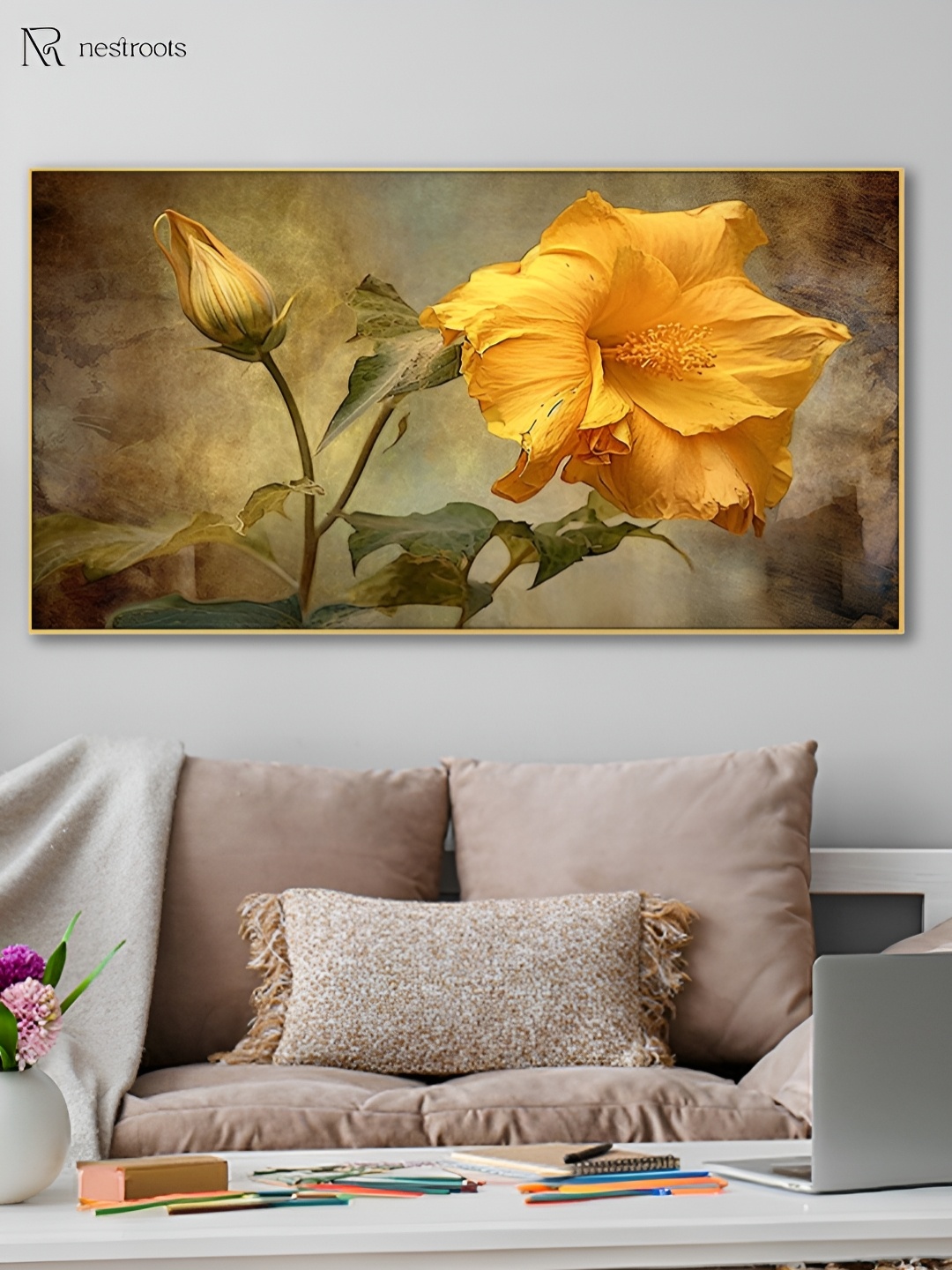 

nestroots Yellow & Green 1 Piece Canvas Floral and Botanical Wall Paintings