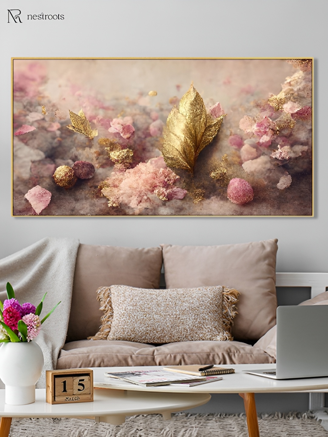

nestroots Pink & Gold-Toned 1 Piece Canvas Floral and Botanical Wall Paintings