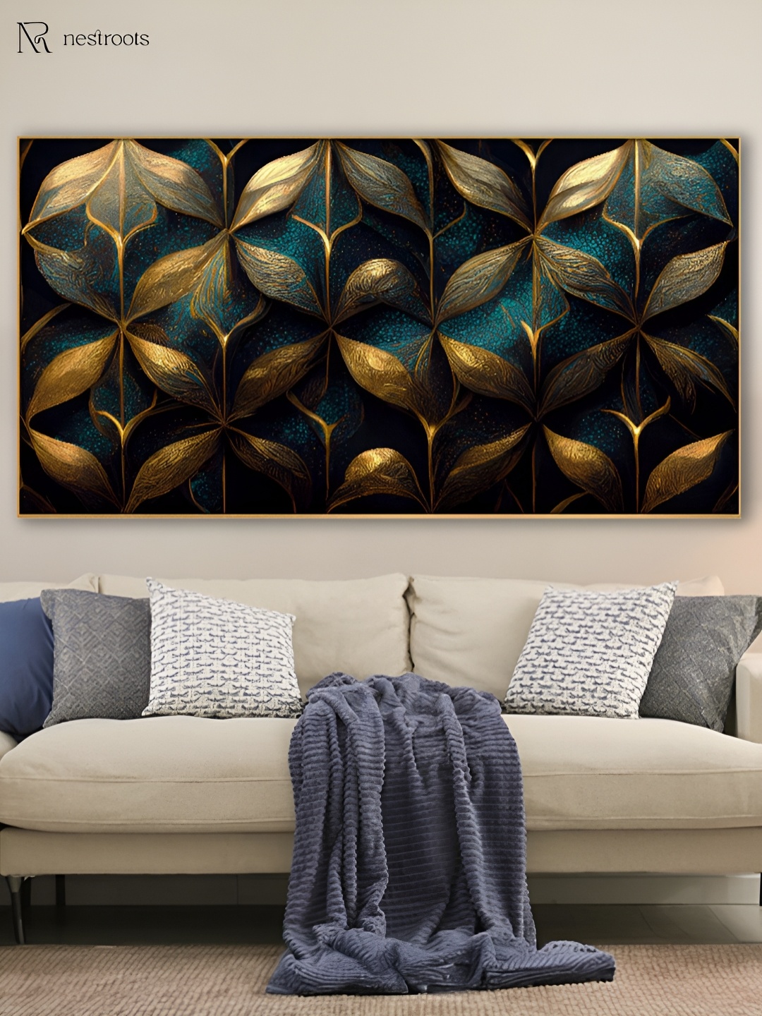 

nestroots Gold-Toned & Teal 1 Piece Canvas Abstract Wall Paintings