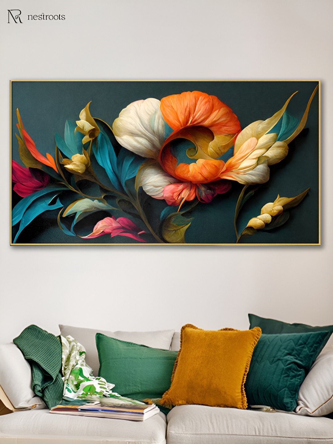 

nestroots Blue & Orange 1 Piece Canvas Floral and Botanical Wall Paintings