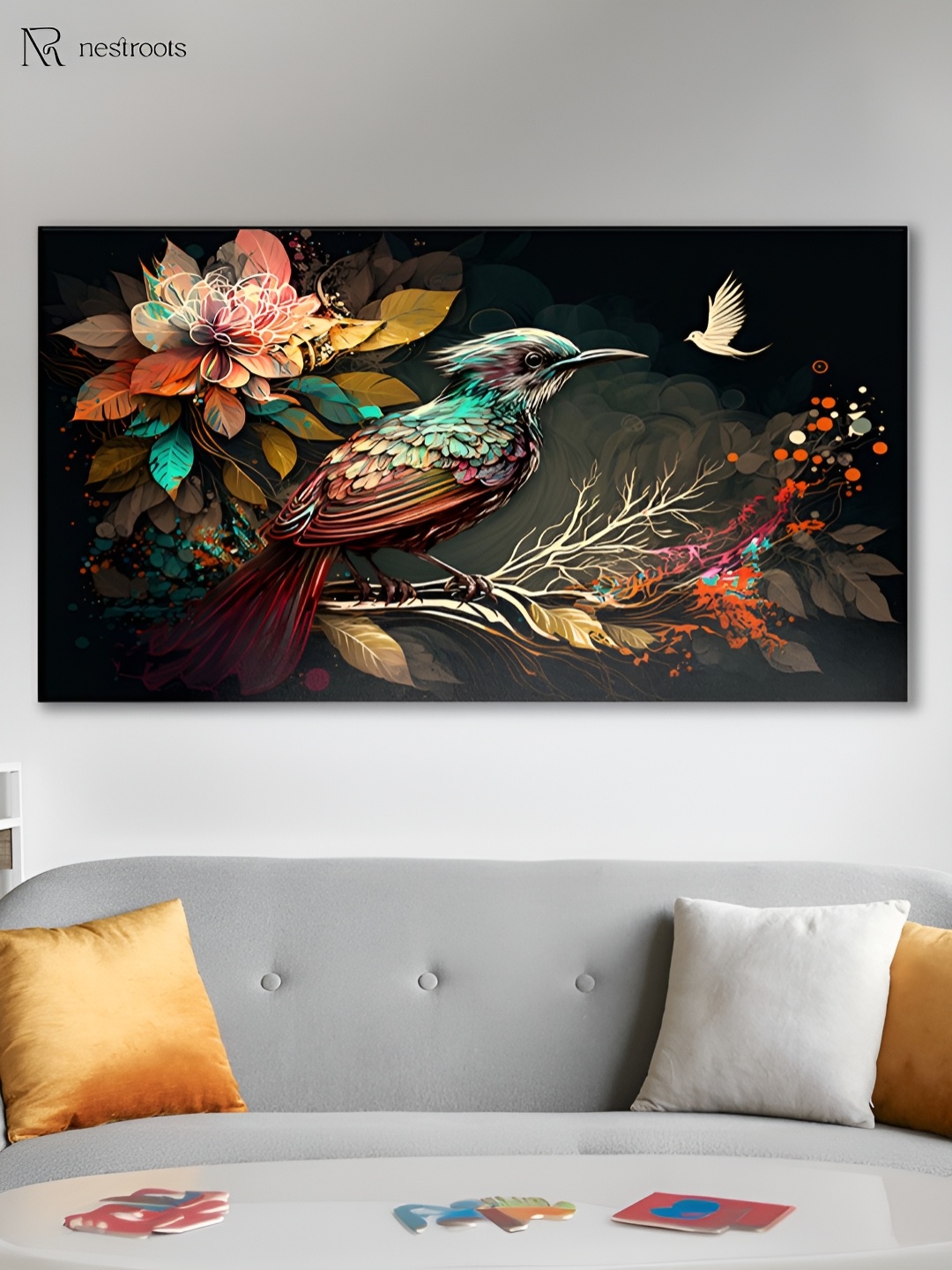 

nestroots Red & Teal Blue Canvas Birds and Animals Painting Wall Art