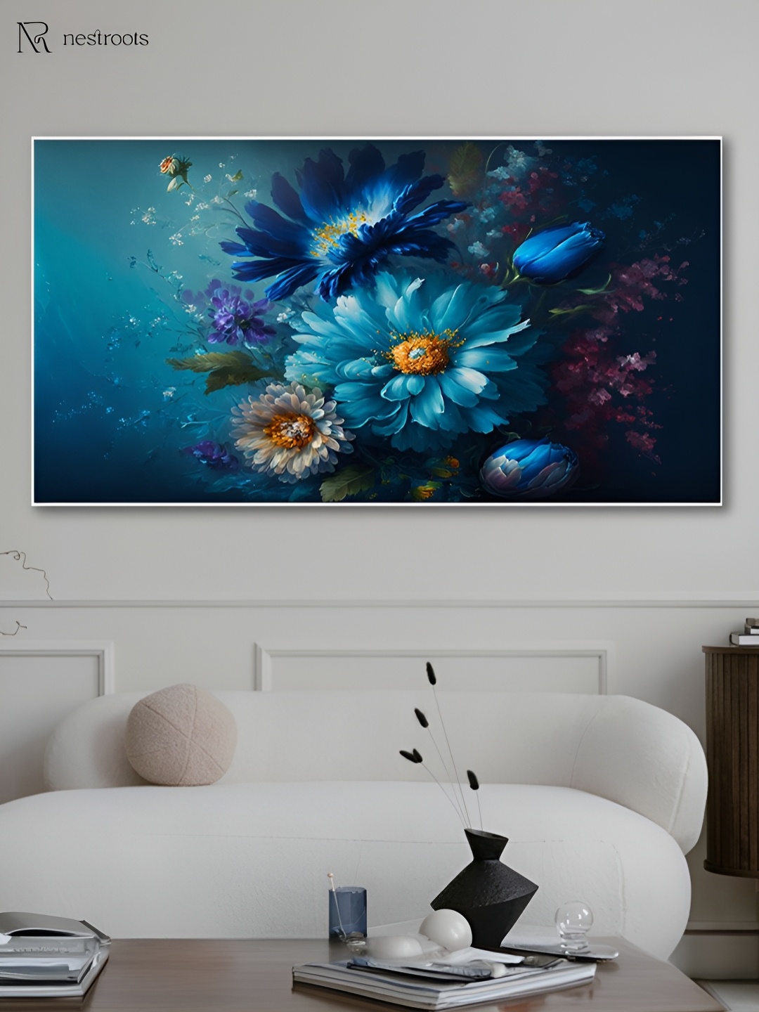 

nestroots Blue & Pink Captivating Flowers on Dark Canvas Painting Wall Art