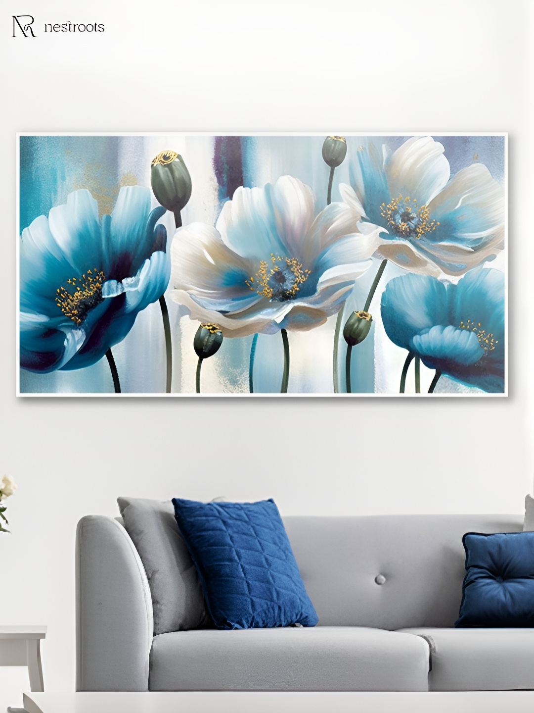 

nestroots White & Blue Canvas Floral and Botanical Painting Wall Art