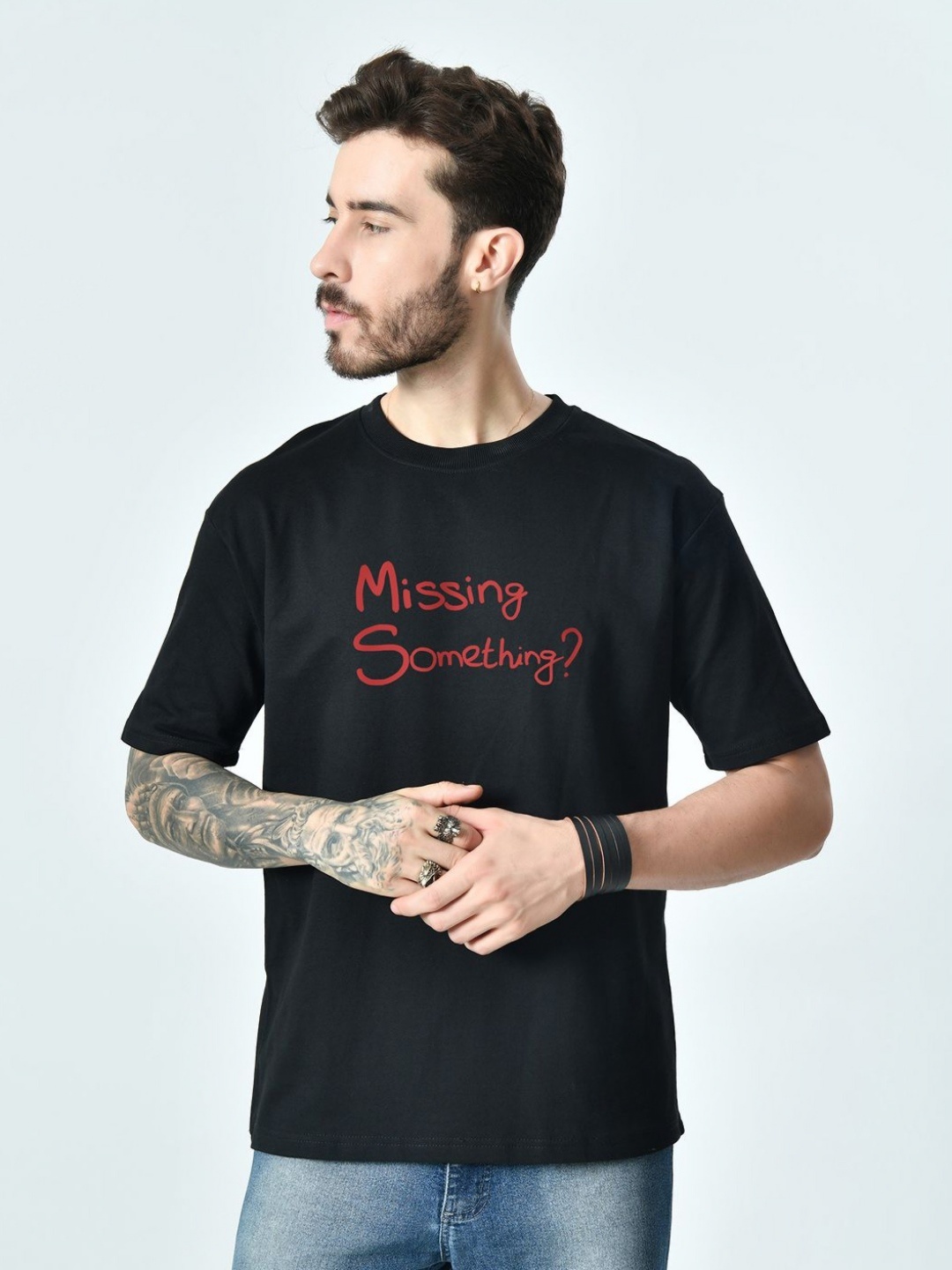 

EKSDEE Men Printed Drop-Shoulder Sleeves T-shirt, Black