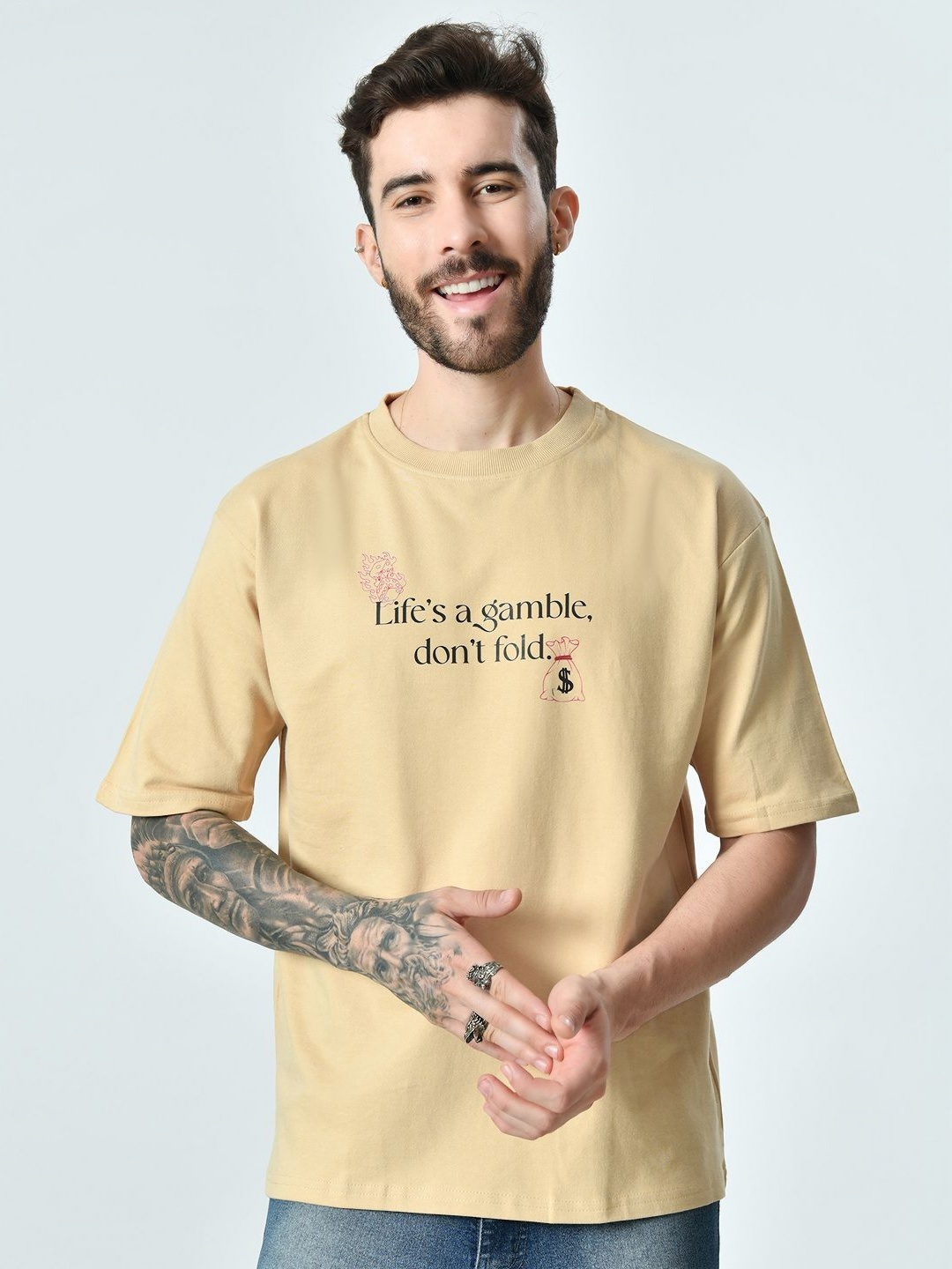 

EKSDEE Men Typography Printed T-shirt, Beige