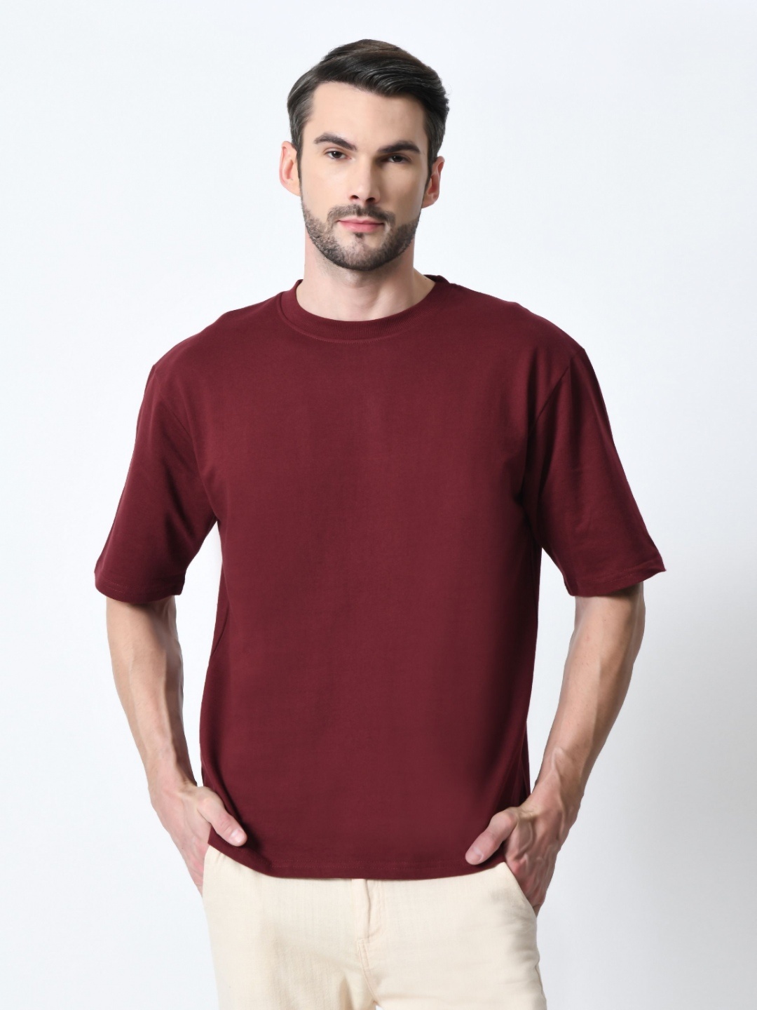 

EKSDEE Men Raw Edge T-shirt, Burgundy