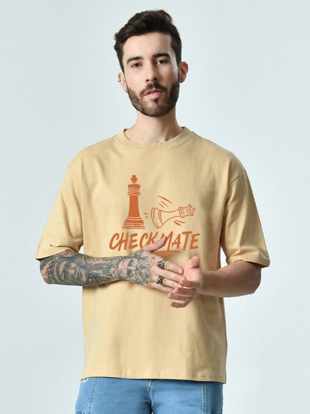 EKSDEE Men Typography Drop-Shoulder Sleeves Pockets T-shirt, Beige