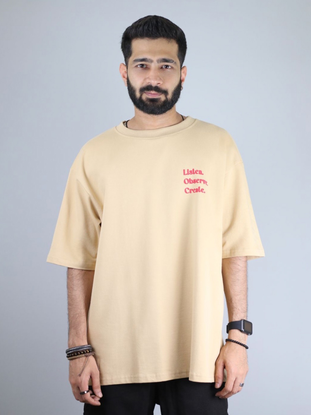 

EKSDEE Men Applique T-shirt, Beige