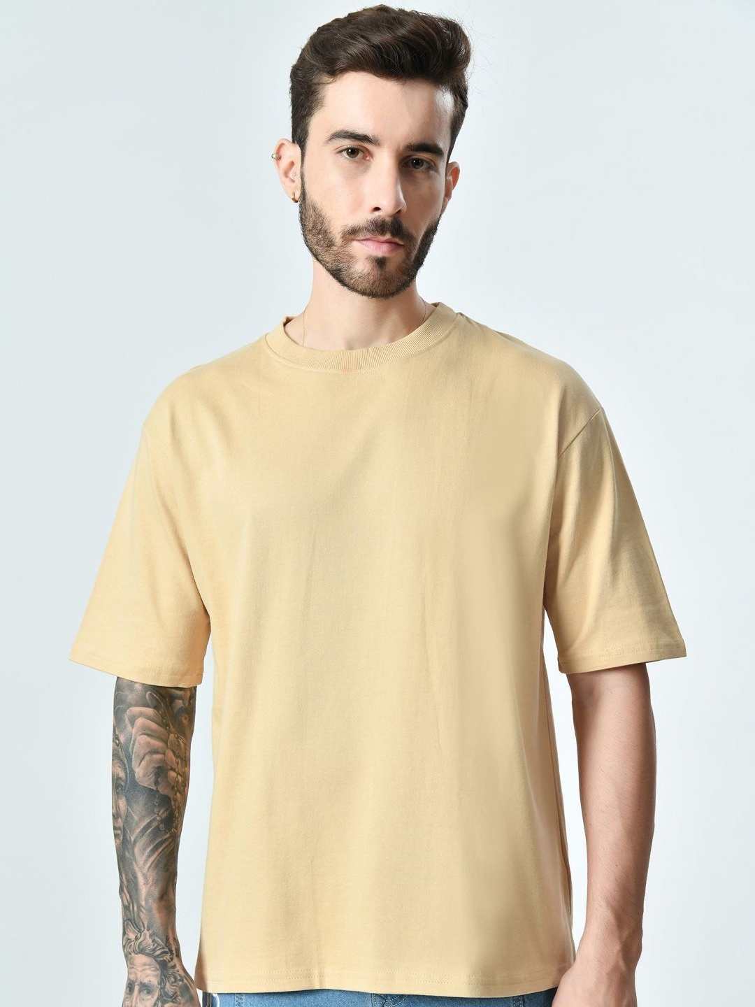 

EKSDEE Men High Neck Drop-Shoulder Sleeves Raw Edge T-shirt, Beige